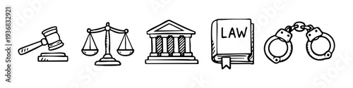 Set of hand-drawn law and justice icons: gavel, scales, courthouse, law book, and handcuffs. Minimalist black and white vector line art sketch.