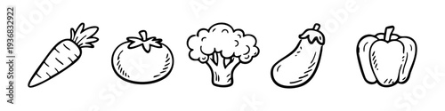 Hand-drawn doodle icons of vegetables including carrot, tomato, broccoli, eggplant, and pepper. Vector line art isolated on white background.