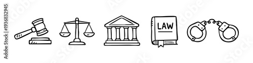 Set of hand-drawn law and justice icons including a gavel, scales, courthouse, law book, and handcuffs. Minimalist black line art on white.