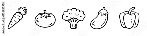 Set of five hand-drawn vegetable icons: carrot, tomato, broccoli, eggplant, and bell pepper. Minimalist black line art doodles on white background.
