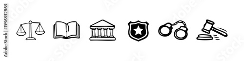 Hand-drawn law and justice icon set featuring scales, gavel, book, and courthouse. Legal system doodle collection for design and education.