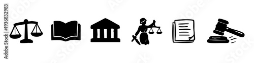 Set of black hand-drawn law and justice icons including gavel, scales, court building, and lady justice isolated on white background.
