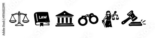 Set of hand-drawn law and justice icons including scales, gavel, law book, handcuffs, and Lady Justice. Sketch style on white background.