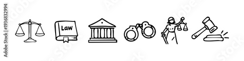 Hand-drawn set of law and justice icons including scales, law book, courthouse, handcuffs, Lady Justice, and a gavel on a white background.