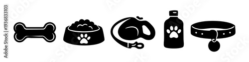 Minimalist black icon set for dog care including a bone, food bowl, leash, grooming bottle, and collar. Perfect for pet shop or veterinary designs.