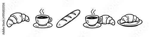 Set of hand-drawn vector icons featuring croissants, coffee cups, and a baguette. Minimalist black and white doodle style for cafe or bakery themes.