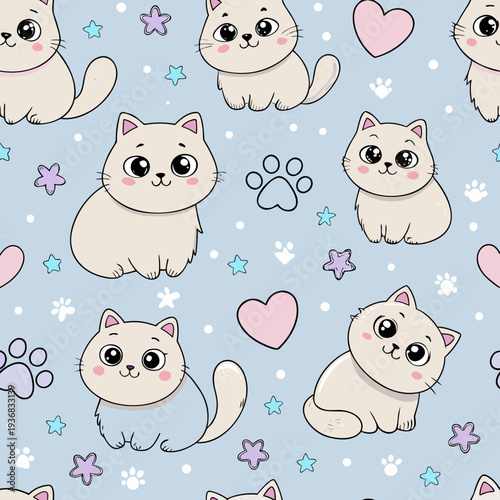 Kawaii British Shorthair Cat Seamless Pattern with Hearts and Stars
