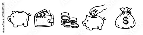 Set of hand-drawn finance icons including piggy bank, wallet, coins, and money bag. Minimalist doodle style for banking and savings concepts.