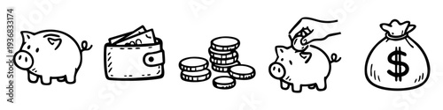 Set of hand-drawn financial icons including piggy banks, wallet, coins, and money bag. Minimalist black and white doodle style for finance concepts.