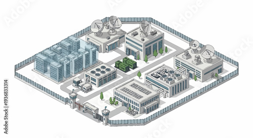 Isometric illustration of an industrial complex with various buildings and machinery.