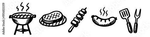 Set of hand-drawn BBQ icons featuring a charcoal grill, steak, skewer, sausage, and cooking tools. Black and white doodle style for outdoor dining.