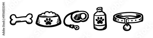 Hand-drawn doodle set of pet care icons: bone, food bowl, leash, grooming bottle, and collar. Minimalist black and white vector sketch.