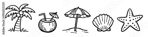 Hand-drawn set of beach icons including palm tree, coconut drink, umbrella, shell, and starfish. Minimalist black line art on white background.