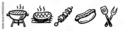 Hand-drawn BBQ icon set featuring grill, steak, skewer, hot dog, and tools. Black ink doodle style on white background for menus and summer events.