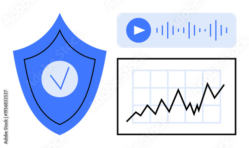 Data protection, cybersecurity, business analytics, secure systems, online authentication, trend analysis. Blue shield with checkmark, audio waveform and upward-pointing graph. Data protection