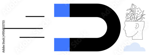 Large magnet pulling toward a human head filled with blooming flowers, symbolizing creativity and inspiration. Ideal for innovation, leadership, personal growth, learning, ideas, creativity