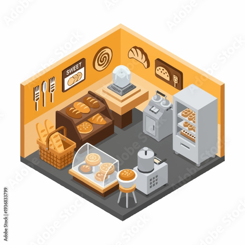 Isometric illustration of a bakery shop interior with baked goods and equipment.