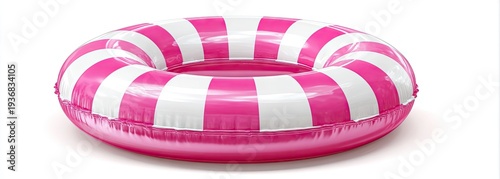 Pink and white striped inflatable ring for swimming, isolated on white