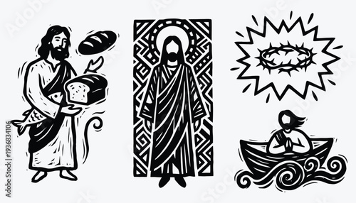 Christian Faith Icon Set Featuring Jesus, Bread and Fish Miracle, Crown of Thorns, and Prayer Boat Illustration