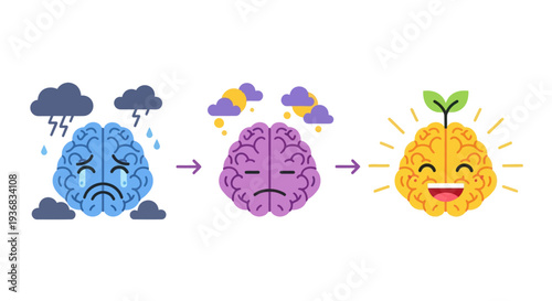 Conceptual illustration of a brains emotional journey from sadness and depression to happiness and mental growth.