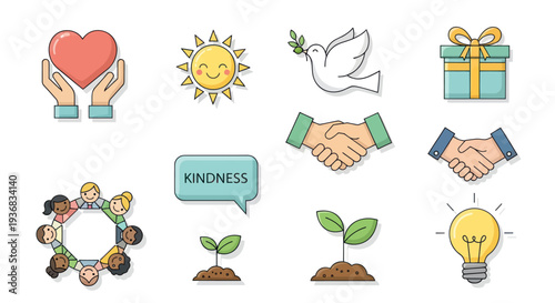 Collection of Illustrated Icons Representing Kindness Peace and Growth.