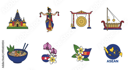 Colorful Vector Illustrations of Southeast Asian Cultural Icons.