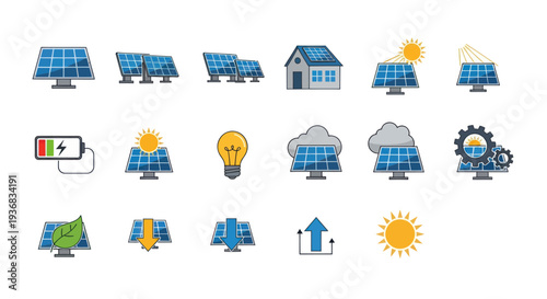 Solar Panel Icon Set: Renewable Energy and Sustainable Power Solutions.