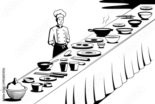 A chef standing behind a long table with various dishes and utensils