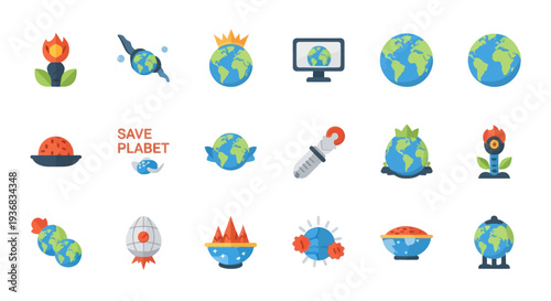 A colorful flat icon set illustrating environmental themes like climate change pollution and saving planet Earth.