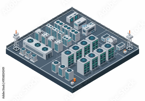 Isometric illustration of an industrial facility with various buildings and equipment.