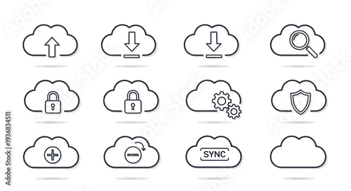 A collection of thin line art icons representing cloud computing functions like upload download security and synchronization.