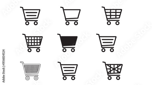 Shopping carts set with varying designs including filled and outlined styles for different shopping needs.