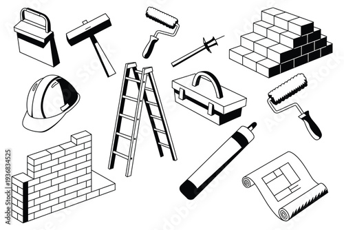A set of construction tools and equipment in black and white illustration