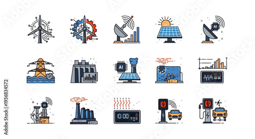 A collection of modern line art icons representing energy technology and industry including renewable and fossil fuel sources.