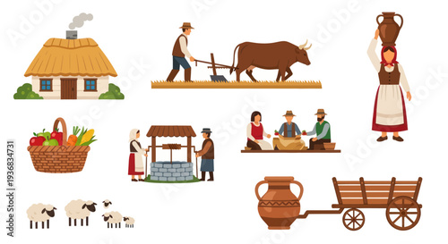 A collection of vector illustrations depicting traditional historical rural village life and farming activities.