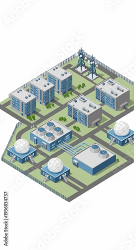 Isometric illustration of a nuclear power plant with various facilities and infrastructure.