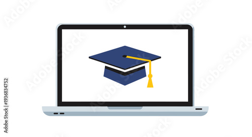 Online Graduation Cap on Laptop Screen, E-learning Concept