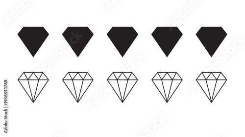 Diamonds solid black and outline line art icons isolated on white background for graphic design and jewelry concept.