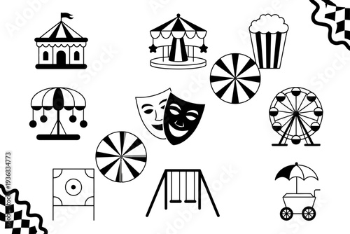 A carnival icon set featuring various amusement park attractions and symbols