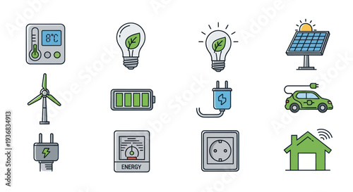 Collection of Colorful Eco-Friendly Energy Icons for Sustainable Living.
