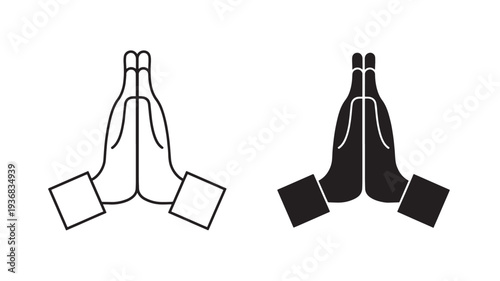 Hands folded in prayer or greeting icon, presented in both outline and solid silhouette styles for versatile design applications.