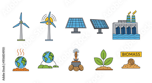 Colorful icon set illustrating various renewable energy sources like wind turbines solar panels geothermal and biomass power.