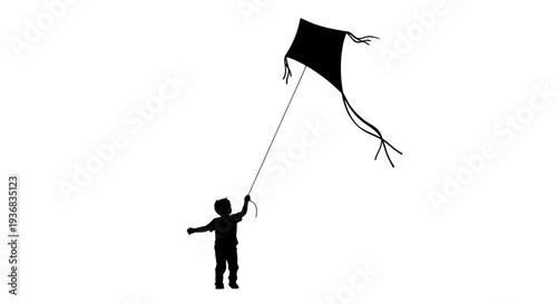 Silhouette of child flying kite against white background