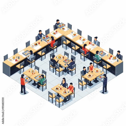 Isometric view of people dining in a restaurant.