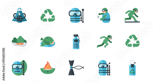 A collection of flat style vector icons for outdoor activities sports and environmental themes.