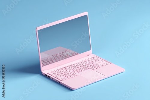 Pink laptop with reflection on screen, set against a blue backdrop