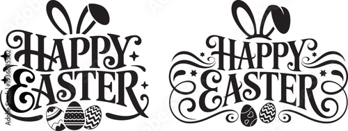 Happy Easter vector typography silhouettes with bunny ears and decorative eggs in black and white for seasonal spring holiday greeting