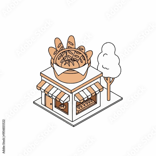 Illustration of a bakery shop with pastries and bread.