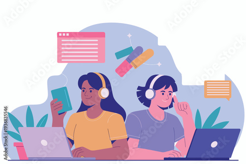 Two people working remotely with laptops headphones and digital elements