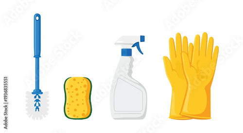 Flat lay of cleaning supplies including a brush, sponge, spray bottle, and rubber gloves on a white background.